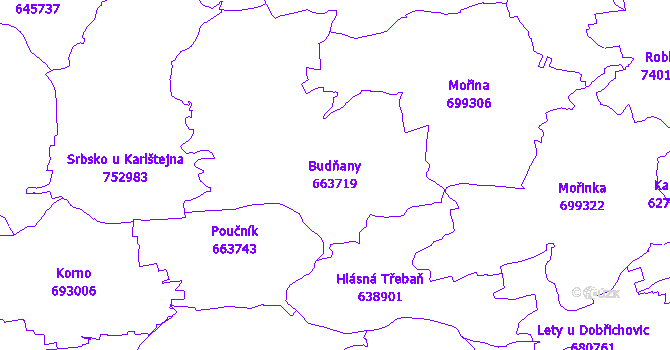 Katastrální mapa Budňany - přehledová mapa katastrálního území