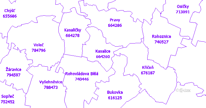 Katastrální mapa Kasalice - přehledová mapa katastrálního území