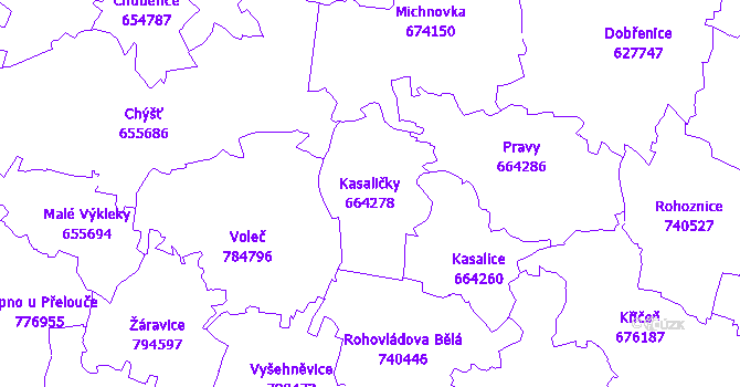 Katastrální mapa Kasaličky - přehledová mapa katastrálního území