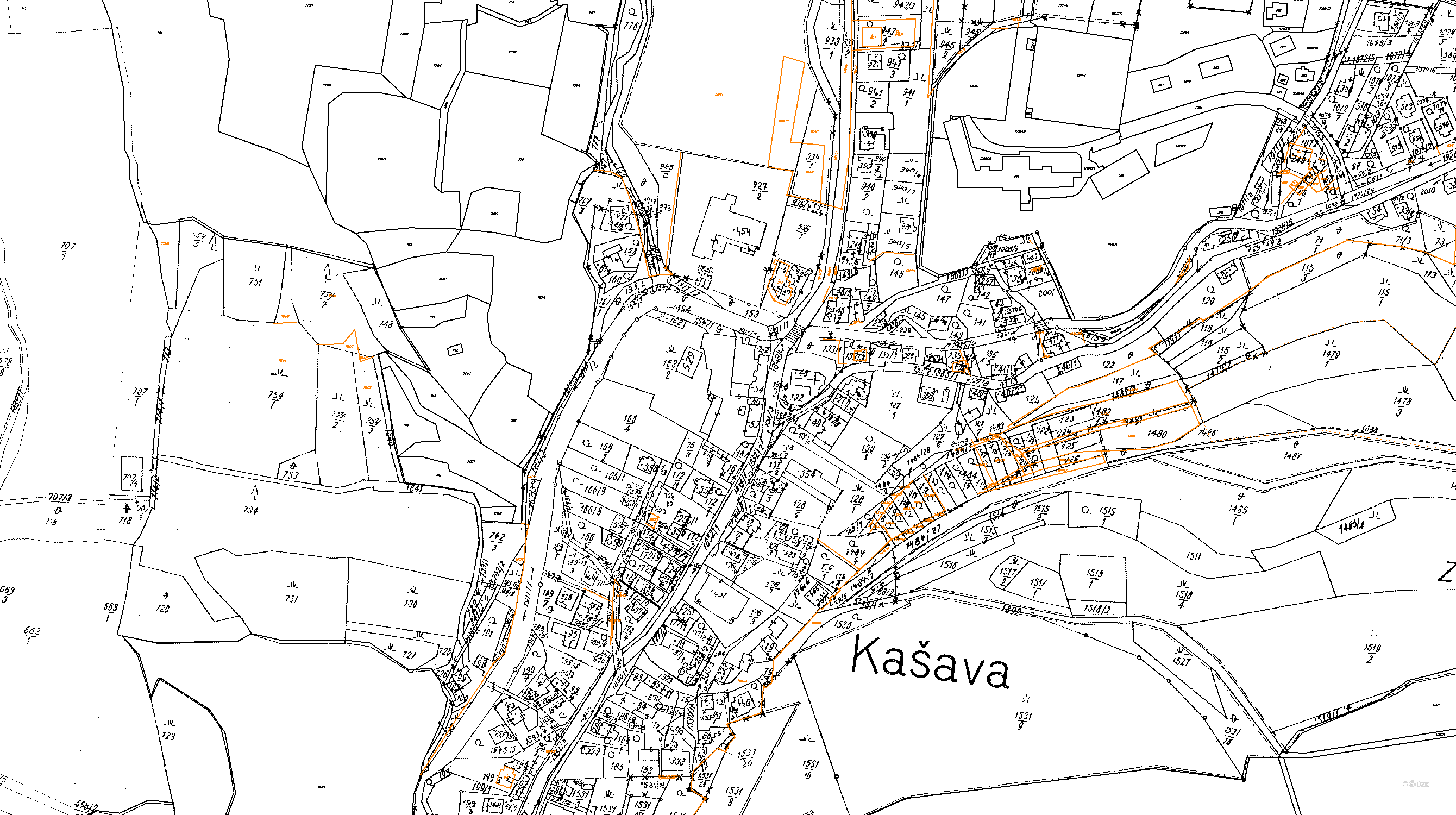 Katastrální mapa pozemků a čísla parcel Kašava