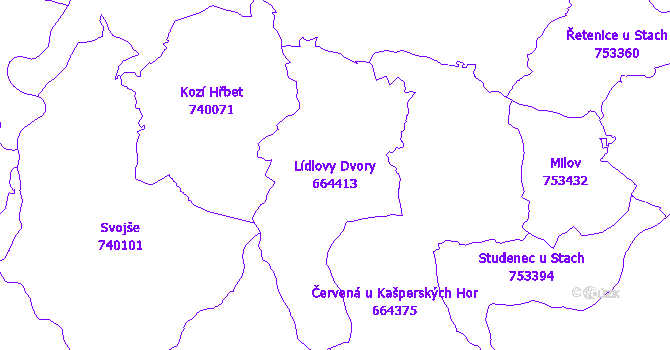 Katastrální mapa Lídlovy Dvory - přehledová mapa katastrálního území