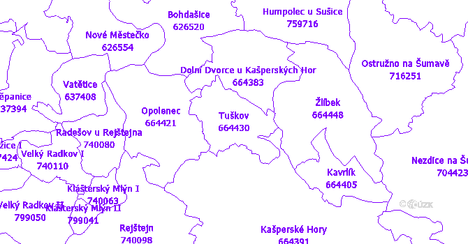 Katastrální mapa Tuškov - přehledová mapa katastrálního území