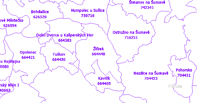 Katastrální mapa Žlíbek - přehledová mapa katastrálního území