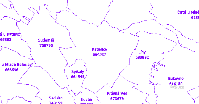 Katastrální mapa Katusice - přehledová mapa katastrálního území