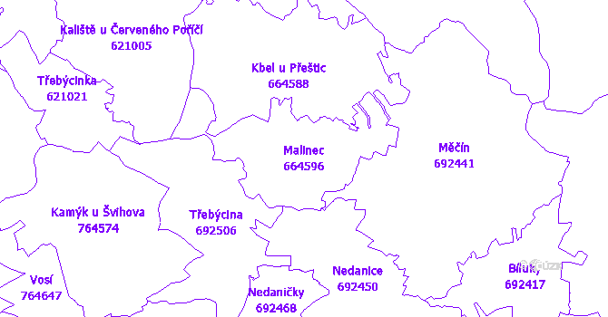 Katastrální mapa Malinec - přehledová mapa katastrálního území