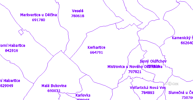 Katastrální mapa Kerhartice - přehledová mapa katastrálního území