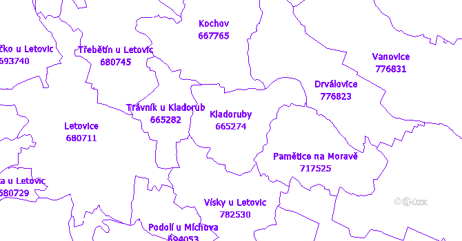 Katastrální mapa Kladoruby - přehledová mapa katastrálního území