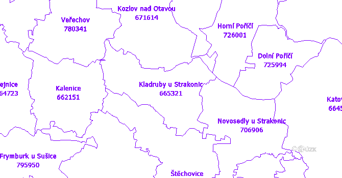 Katastrální mapa Kladruby u Strakonic - přehledová mapa katastrálního území