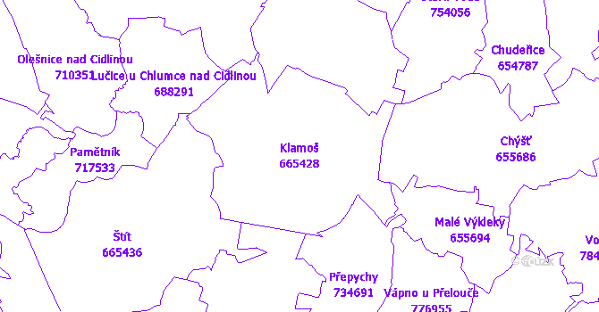 Katastrální mapa Klamoš - přehledová mapa katastrálního území