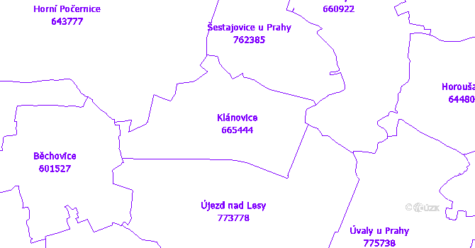 Katastrální mapa Klánovice - přehledová mapa katastrálního území