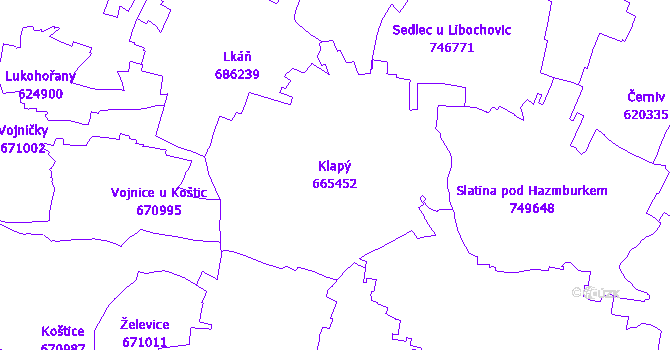 Katastrální mapa Klapý - přehledová mapa katastrálního území