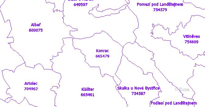 Katastrální mapa Konrac - přehledová mapa katastrálního území