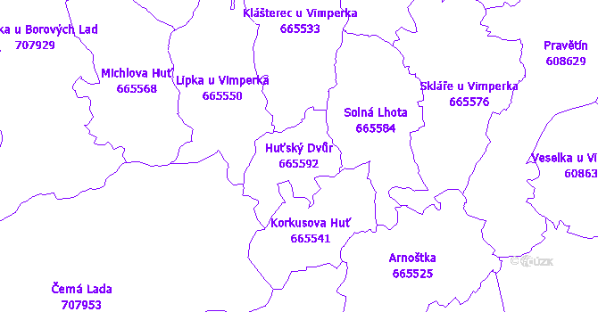 Katastrální mapa Huťský Dvůr - přehledová mapa katastrálního území