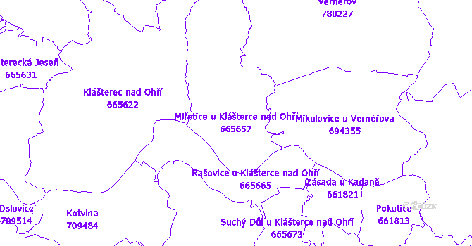 Katastrální mapa Miřetice u Klášterce nad Ohří - přehledová mapa katastrálního území