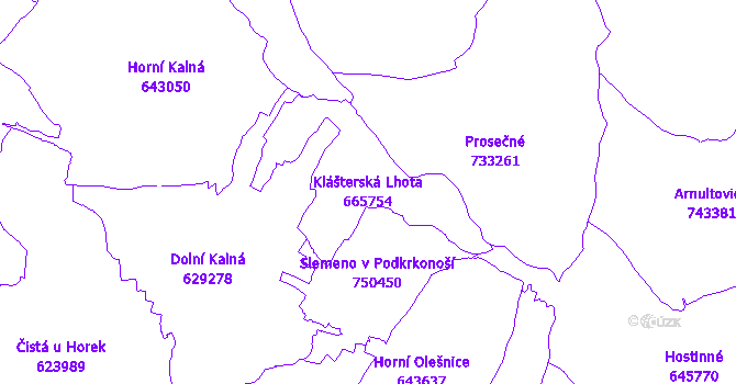 Katastrální mapa Klášterská Lhota - přehledová mapa katastrálního území
