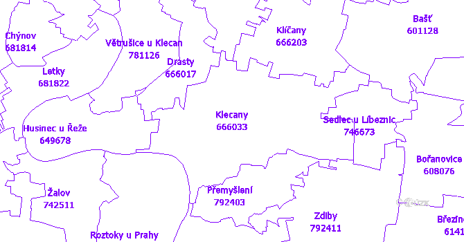 Katastrální mapa Klecany - přehledová mapa katastrálního území