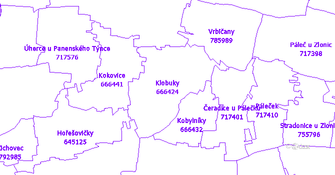Katastrální mapa Klobuky - přehledová mapa katastrálního území