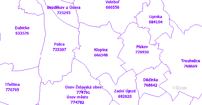 Katastrální mapa Klopina - přehledová mapa katastrálního území