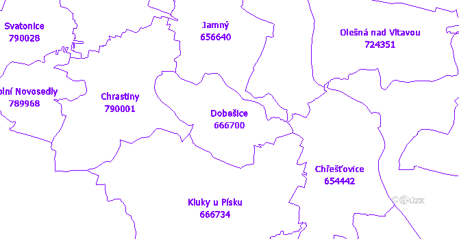 Katastrální mapa Dobešice - přehledová mapa katastrálního území
