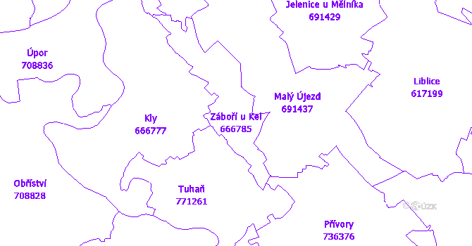 Katastrální mapa Záboří u Kel - přehledová mapa katastrálního území