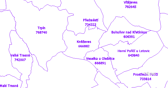 Katastrální mapa Kněževes - přehledová mapa katastrálního území