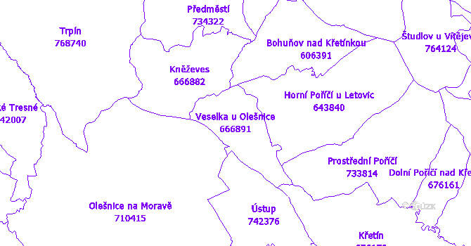 Katastrální mapa Veselka u Olešnice - přehledová mapa katastrálního území
