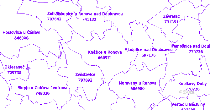 Katastrální mapa Kněžice u Ronova - přehledová mapa katastrálního území