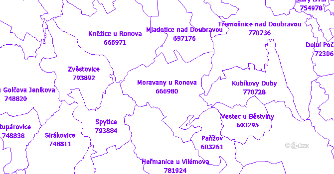 Katastrální mapa Moravany u Ronova - přehledová mapa katastrálního území
