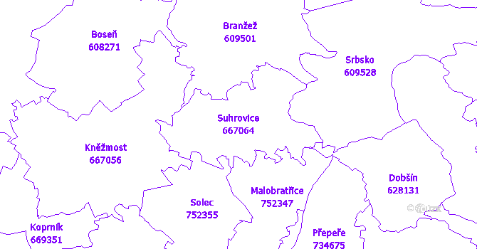 Katastrální mapa Suhrovice - přehledová mapa katastrálního území