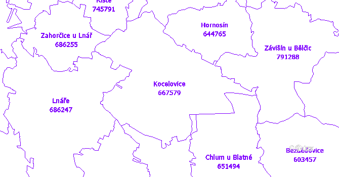 Katastrální mapa Kocelovice - přehledová mapa katastrálního území