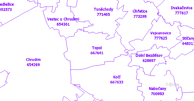 Katastrální mapa Topol - přehledová mapa katastrálního území