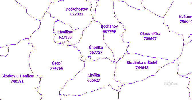 Katastrální mapa Úhořilka - přehledová mapa katastrálního území
