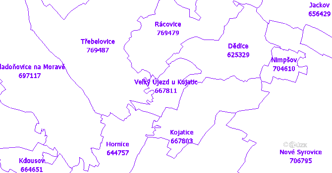 Katastrální mapa Velký Újezd u Kojatic - přehledová mapa katastrálního území