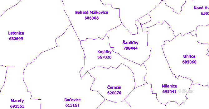 Katastrální mapa Kojátky - přehledová mapa katastrálního území