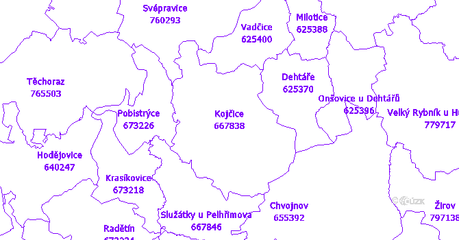 Katastrální mapa Kojčice - přehledová mapa katastrálního území