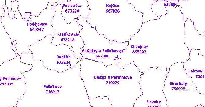 Katastrální mapa Služátky u Pelhřimova - přehledová mapa katastrálního území