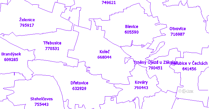 Katastrální mapa Koleč - přehledová mapa katastrálního území
