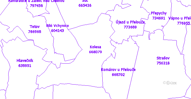 Katastrální mapa Kolesa - přehledová mapa katastrálního území