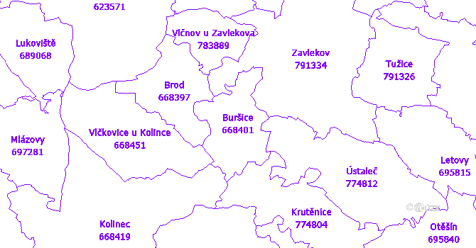 Katastrální mapa Buršice - přehledová mapa katastrálního území