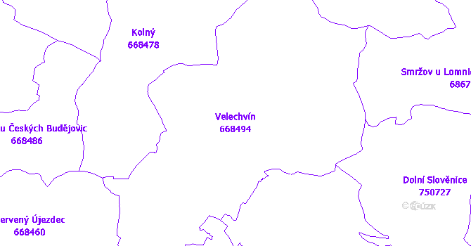 Katastrální mapa Velechvín - přehledová mapa katastrálního území