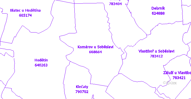 Katastrální mapa Komárov u Soběslavi - přehledová mapa katastrálního území