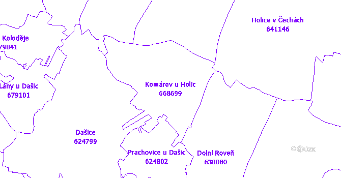 Katastrální mapa Komárov u Holic - přehledová mapa katastrálního území