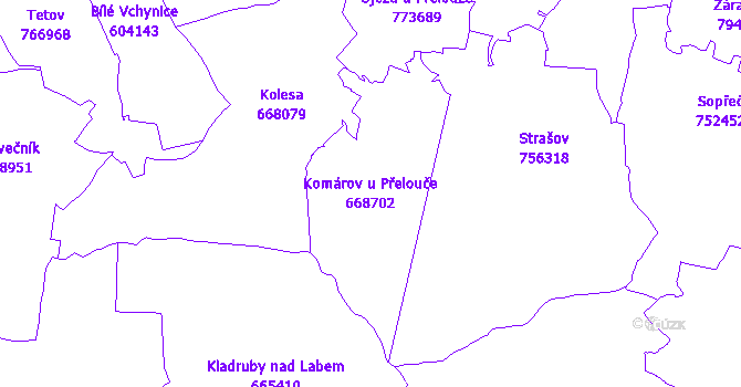 Katastrální mapa Komárov u Přelouče - přehledová mapa katastrálního území