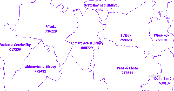 Katastrální mapa Komárovice u Jihlavy - přehledová mapa katastrálního území