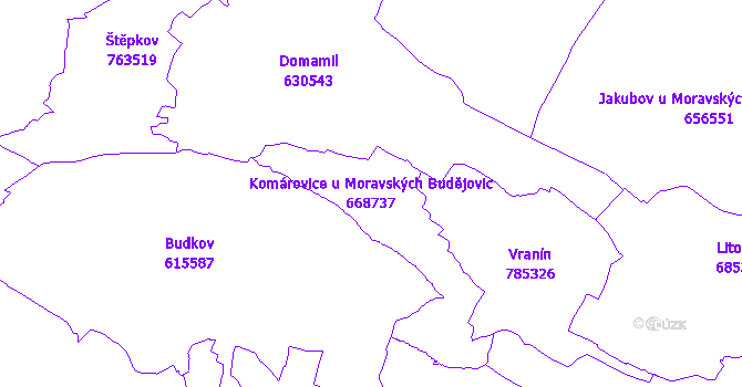 Katastrální mapa Komárovice u Moravských Budějovic - přehledová mapa katastrálního území