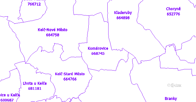 Katastrální mapa Komárovice - přehledová mapa katastrálního území