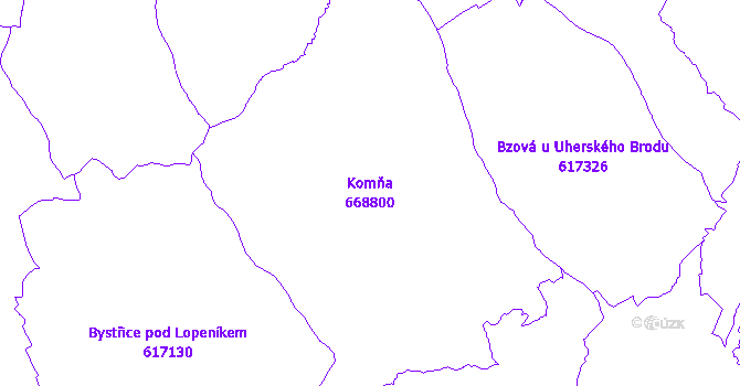 Katastrální mapa Komňa - přehledová mapa katastrálního území