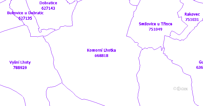 Katastrální mapa Komorní Lhotka - přehledová mapa katastrálního území