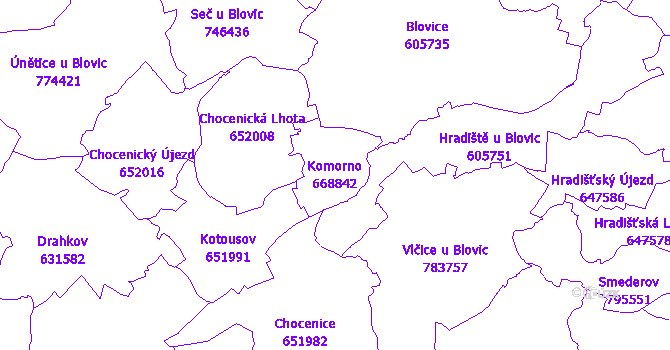 Katastrální mapa Komorno - přehledová mapa katastrálního území