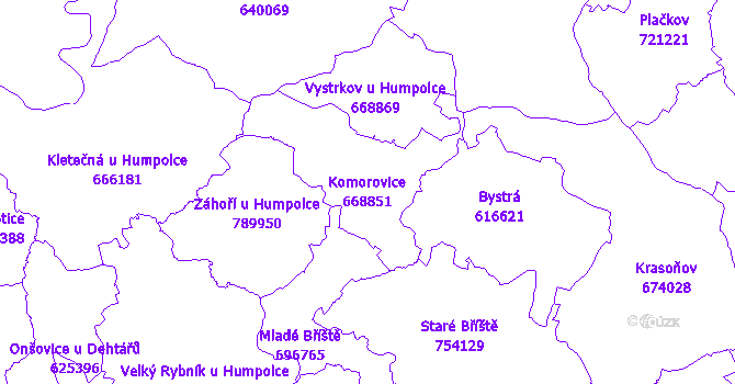 Katastrální mapa Komorovice - přehledová mapa katastrálního území